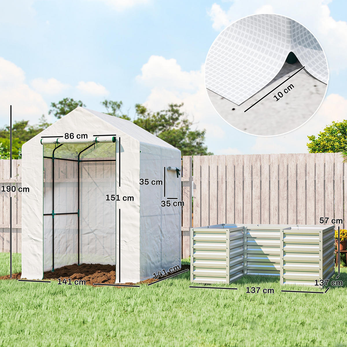 TOMATENGEWÄCHSHAUS Foliengewächshaus mit Hochbeet Rolltor Fenster Schrägdach - Weiß, Metall (141/190/141cm) - Outsunny
