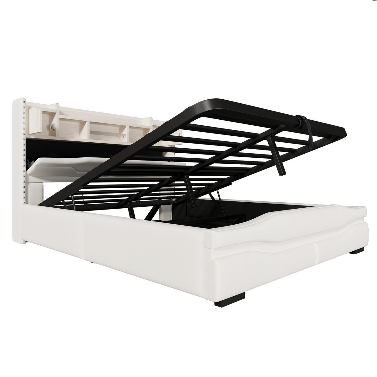 POLSTERBETT 160x200cm Beige USB-C LED-Licht Kopfteil Hydraulik - Beige, Holz (160/200cm) - FLIEKS