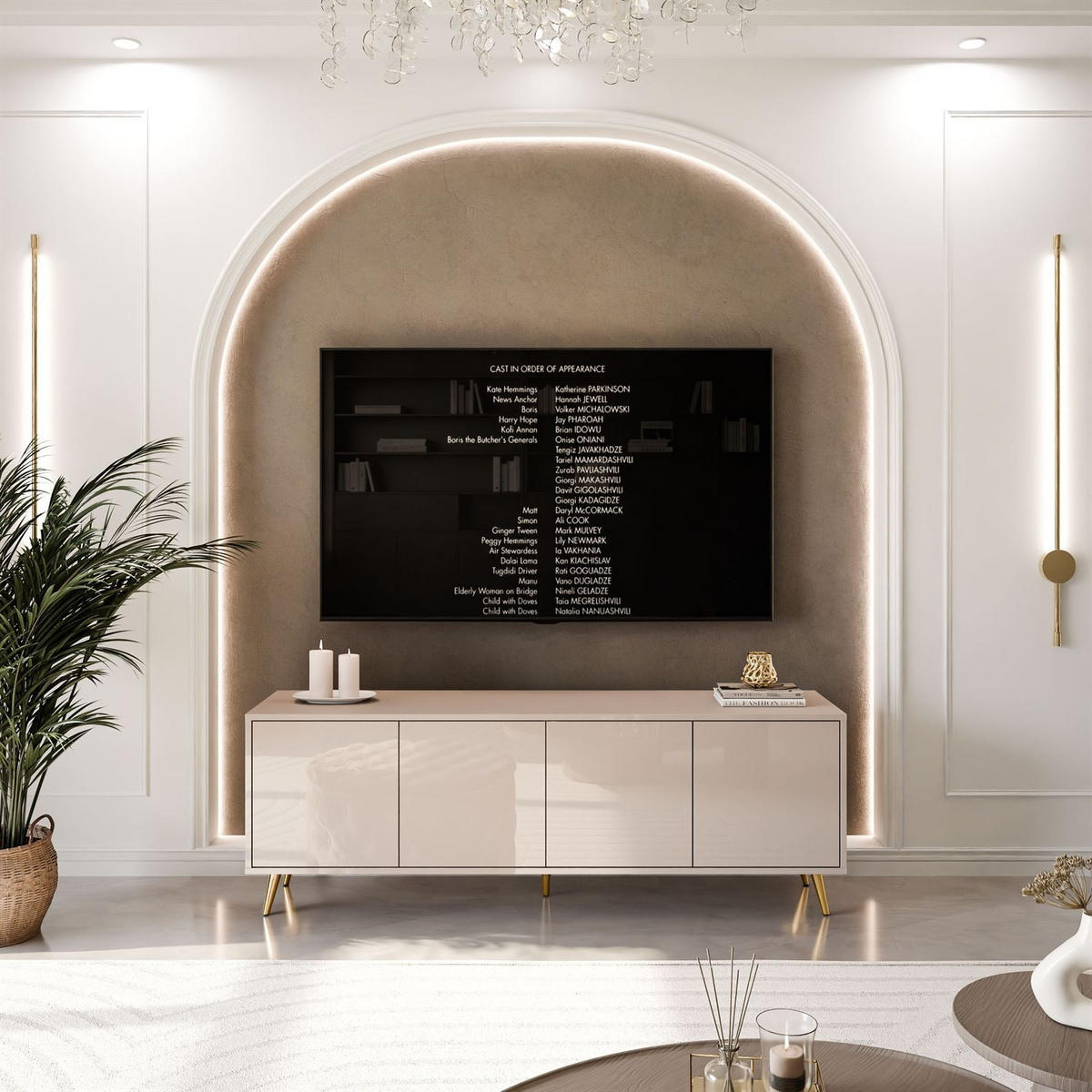 TV-SCHRANK SANAYI Kaschmir Hochglanz – schräge goldene Beine - Kaschmir, Holzwerkstoff (156/54/38cm) - Lookway