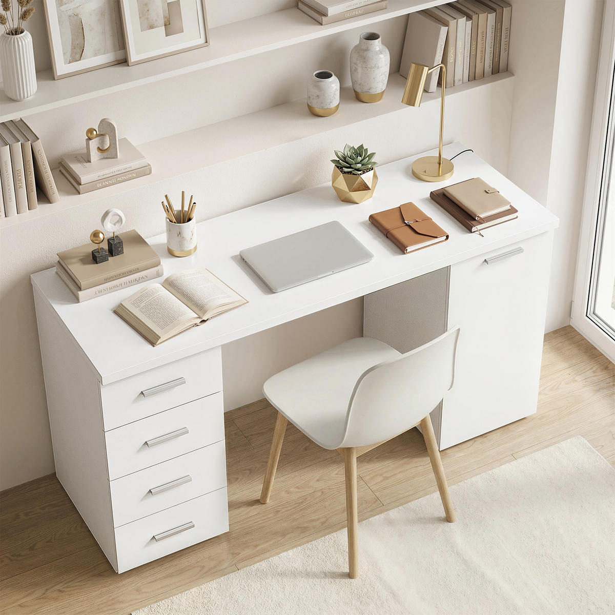 COMPUTERTISCH MDF Weiß - Silberfarben/Weiß, Holzwerkstoff/Metall (140/48/75cm) - HOMCOM