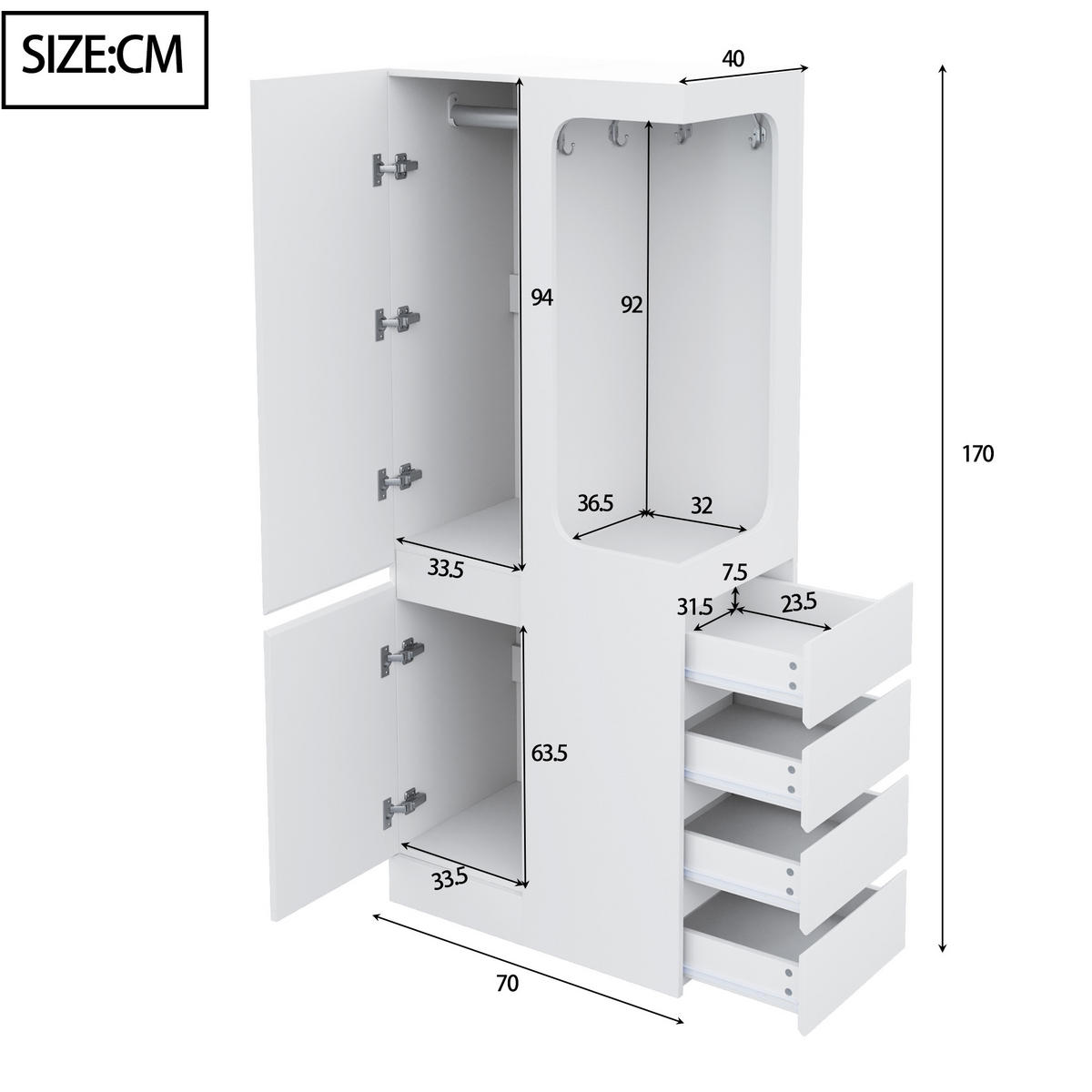 KLEIDERSCHRANK in Weiß mit Schubladen und Staufächern für Schlafzimmer und Wohnzimmer, B70/T40/H170 cm - Weiß, Holzwerkstoff (70/170/40cm) - STILVORA