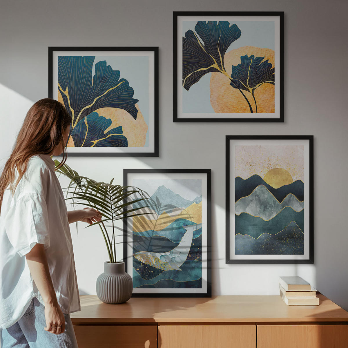 WANDBILDER 4er-Set - 50x50 cm & 40x60 cm Schwarzer Rahmen - Abstrakte ästhetische Berge - Schwarz, Kunststoff (50/50cm) - ArtPrintCave