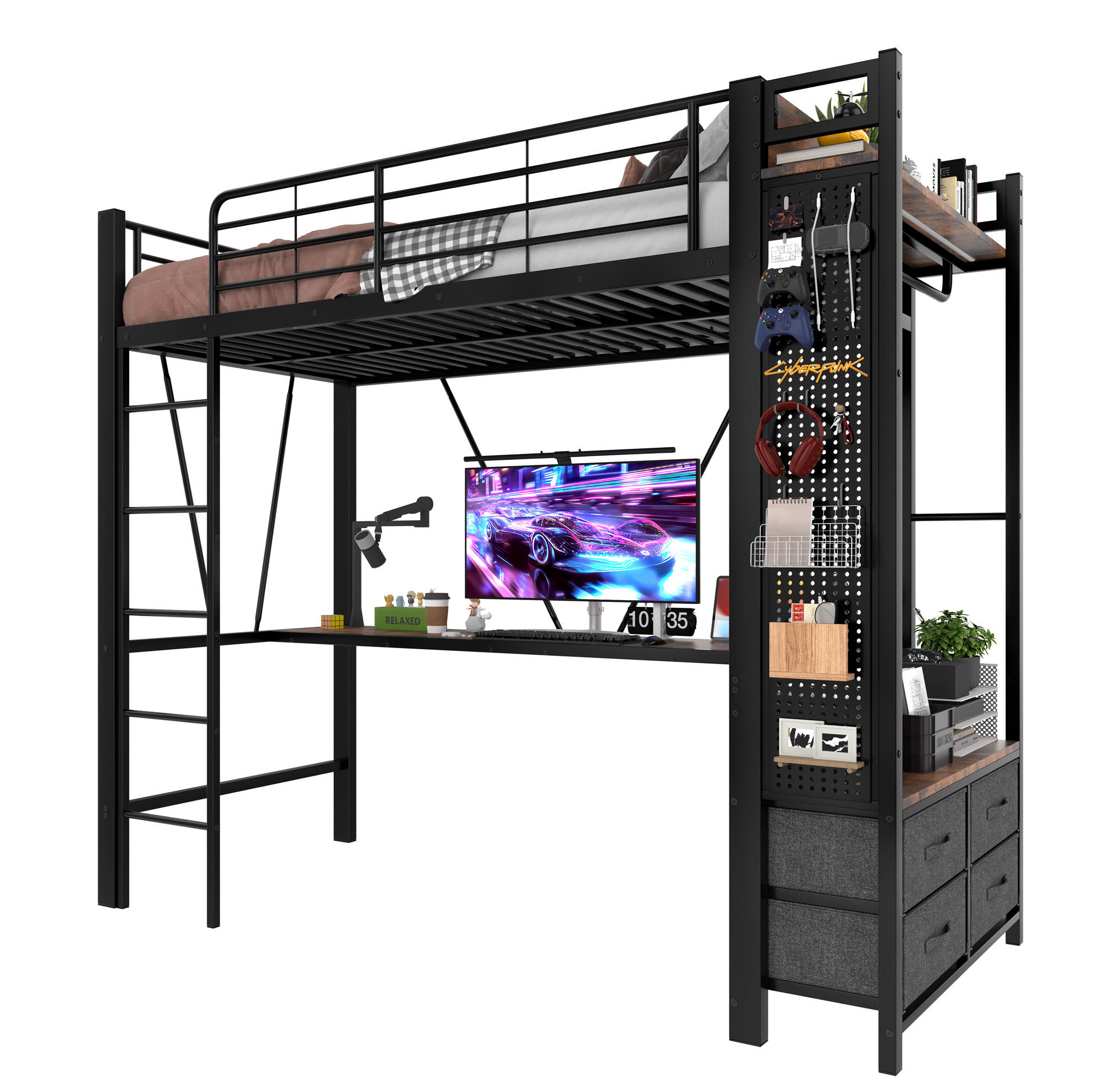 HOCHBETT mit Schreibtisch 90/200 cm in Schwarz – mit Stauraum, LED und Leiter - Schwarz, Metall (90/200cm) - BEAOK
