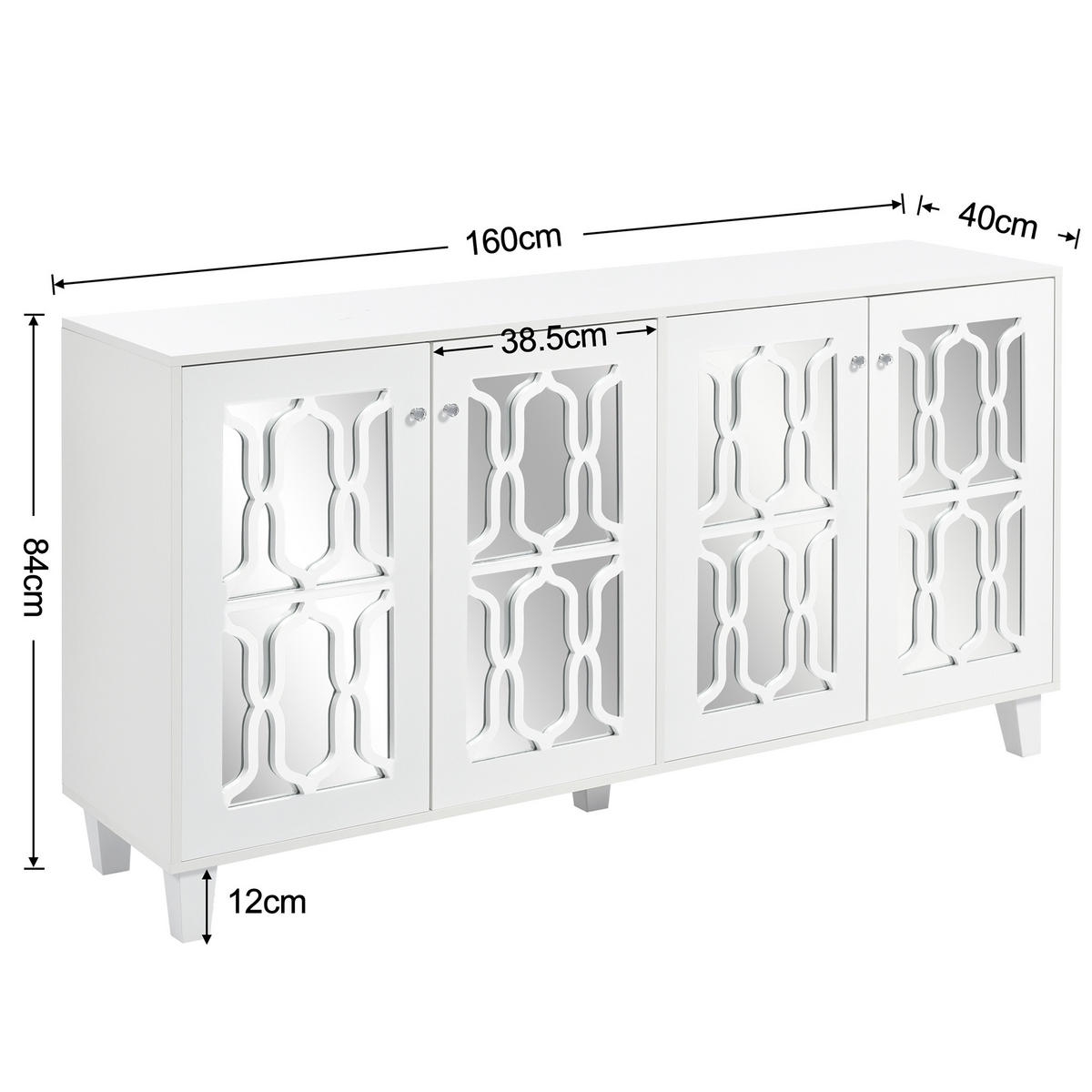 IN Weiß Kommode mit Kristallgriffen, 4 Türen und verstellbaren Einlegeböden für Wohn- und Esszimmer, B160/T40/H84cm - Weiß, Glas/Holzwerkstoff (160/84/40cm) - STILVORA