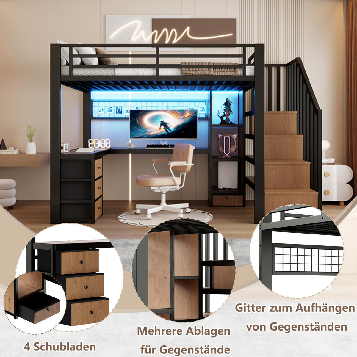 HOCHBETT 90/200 cm mit Schreibtisch, LED-Beleuchtung, 4 Schubladen und Stauraumtreppe aus Metall/MDF, Schwarz - Schwarz, Metall (90/200cm) - Redom