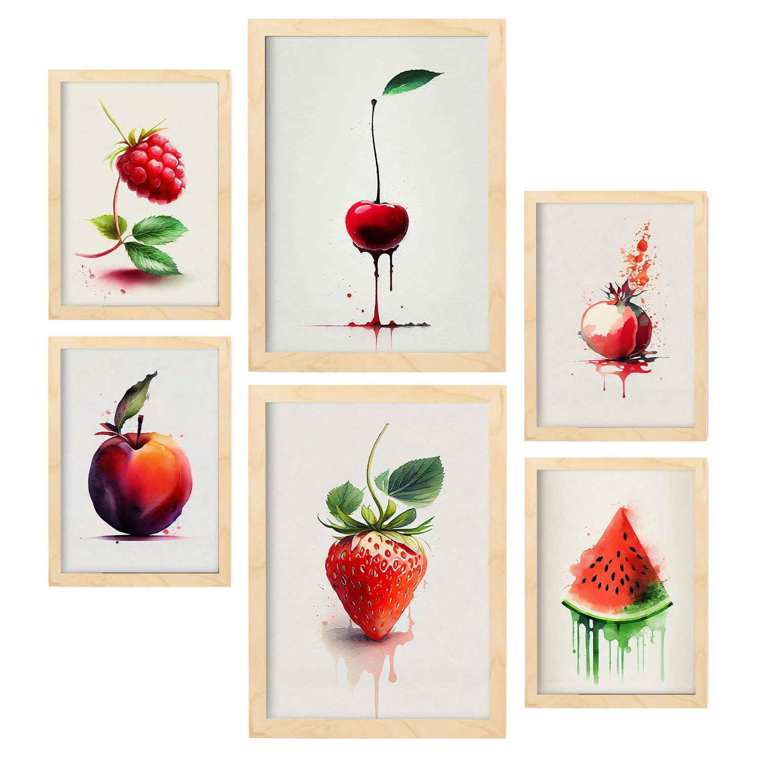 POSTER Set Mit 6 Rote Früchte Plakate Von Obst Gemüse & Gesunden Lebensmitteln Im Aquarell Kunst Auf Reinweißen A3 & A4 Rahmen Aus Hellem Holz - Beige, Papier (29/3cm) - Nacnic