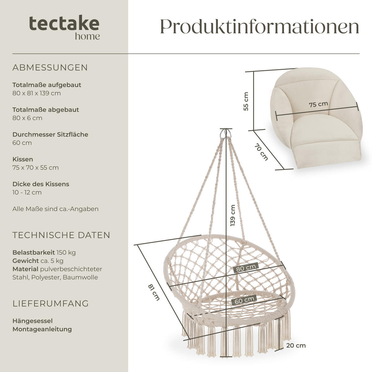 HÄNGESESSEL Samira,80 x 81 x 139 cm,beige - Beige, Kunststoff (80/139/81cm) - tectake
