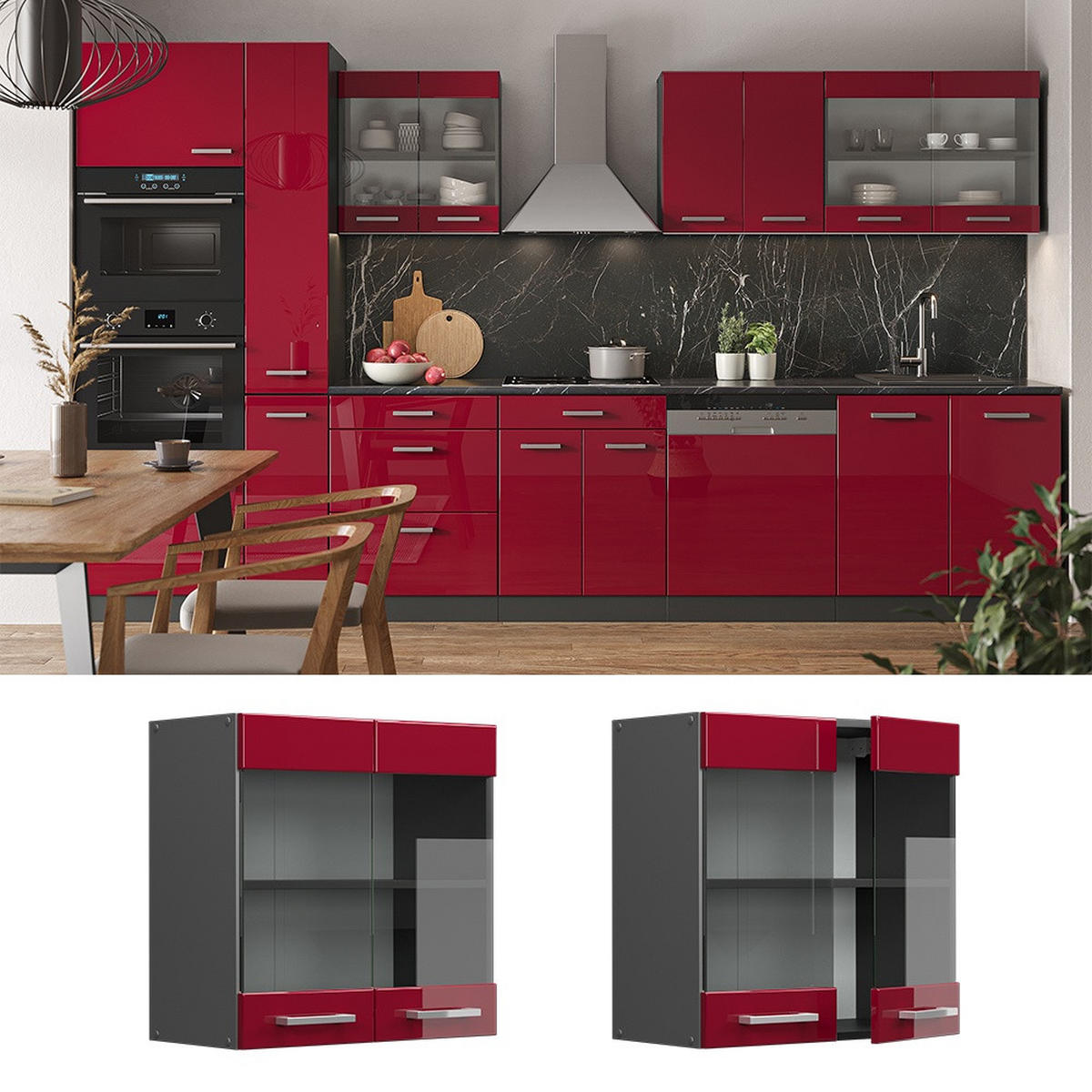 DULAP DIN STICLĂ DE BUCĂTĂRIE R-Line Roșu lucios ridicat 60 cm - roșu/antracit, compozit lemnos (60/60/31cm) - Vicco