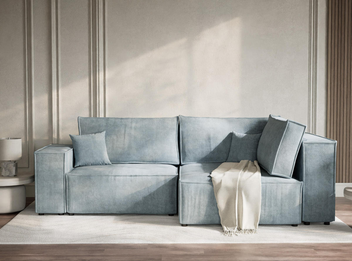 ECKSOFA MIT SCHLAFFUNKTION Tonga Hellblau Webstoff - Schwarz/Hellblau, Holz/Holzwerkstoff (255/105cm) - Maison de Reve