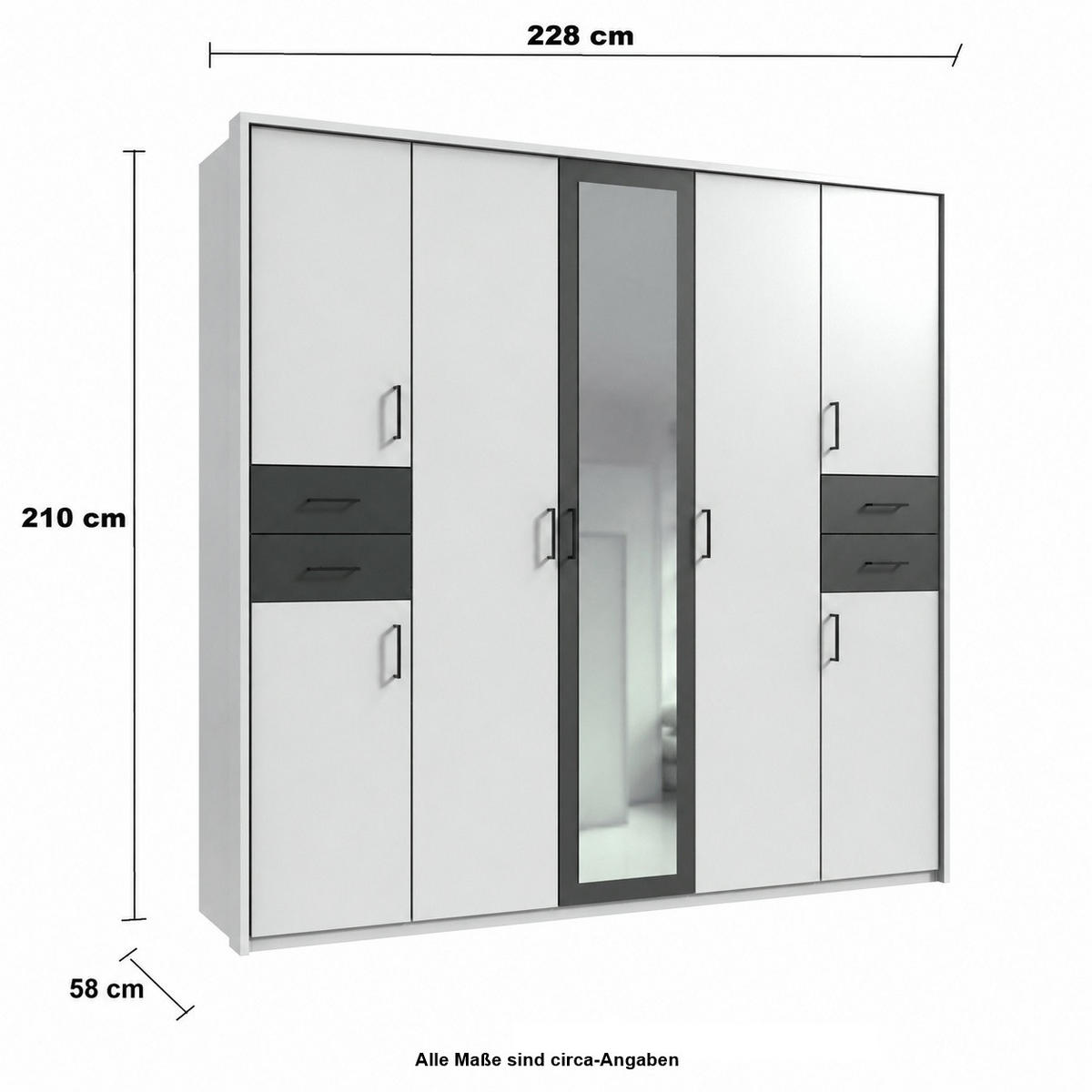 DREHTÜRENSCHRANK Kleiderschrank B228/H210/T58 cm mit Schubkästen & Passepartout & 1 Spiegeltür, Weiß mit Absetzungen in Grafit, Griffe schwarz / 22572 - Graphitfarben/Schwarz, Holzwerkstoff/Kunststoff (228/210/58cm) - luma-home