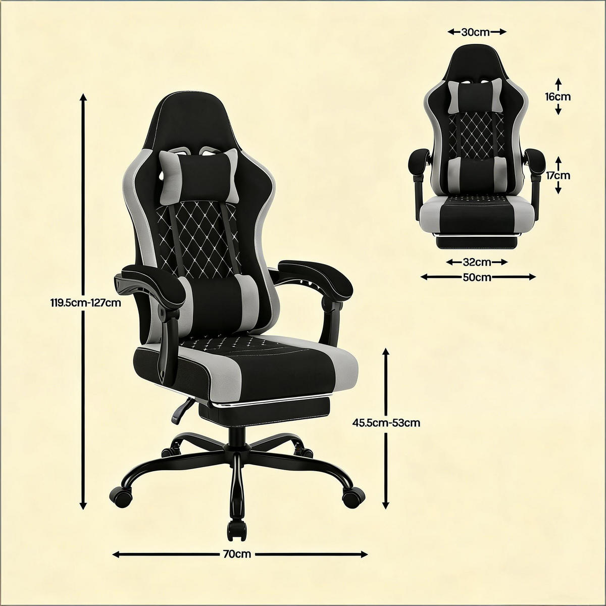 GAMINGSTUHL Schwarz/Grau 70/70/127 cm - Schwarz, Metall (70/127/70cm) - PANGIVO