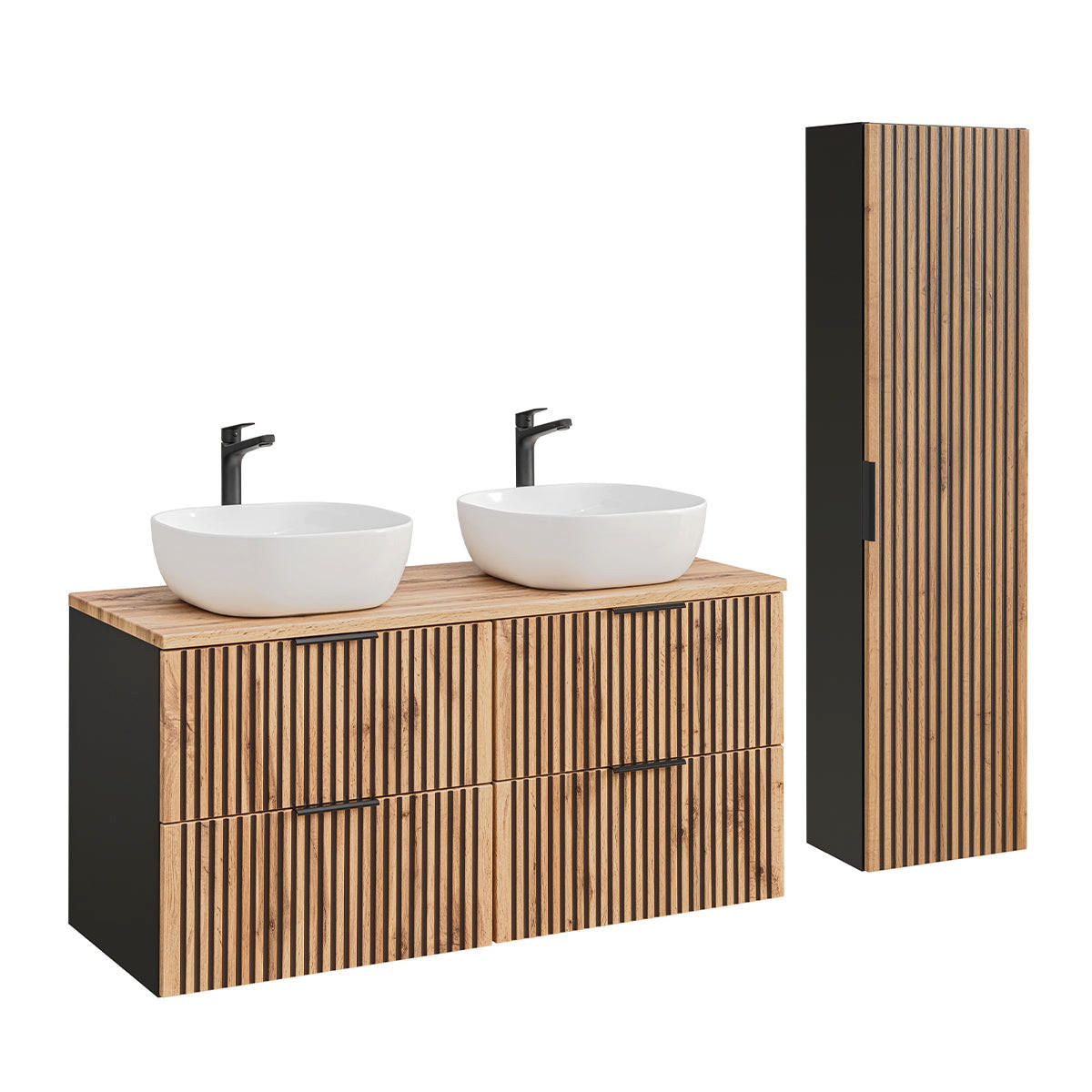 BADMÖBEL 120.6cm Gaia 2er-Set Holz in Eichenoptik und Schwarz - Schwarz, Holzwerkstoff (120.6/59/46cm) - Petits-meubles