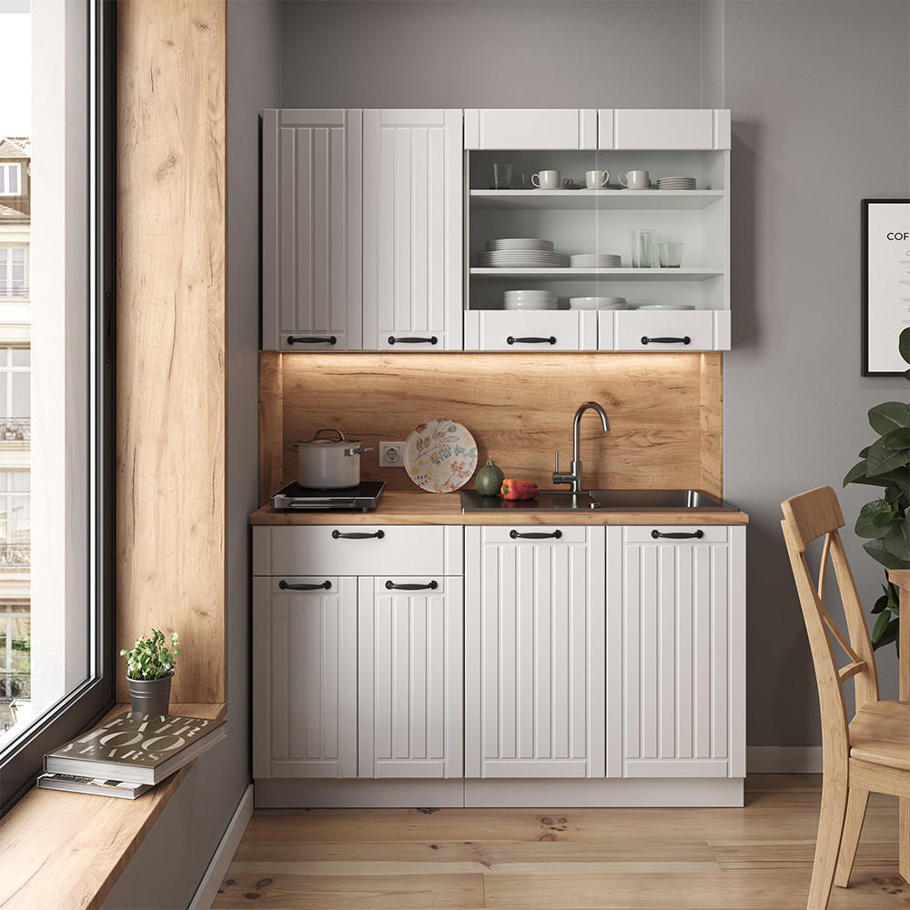 SINGLEKÜCHE Fame-Line Weiß Landhaus/Weiß 140 cm, AP Anthrazit - Creme/Weiß, Holzwerkstoff (140/81.6/60cm) - Vicco