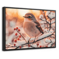 LEINWAND Bilder mit Rahmen - Vogel - Zweig - Winter - Tiere - Schnee - 60x40 - Bernsteinfarben, Textil (60/40cm) - MuchoWow