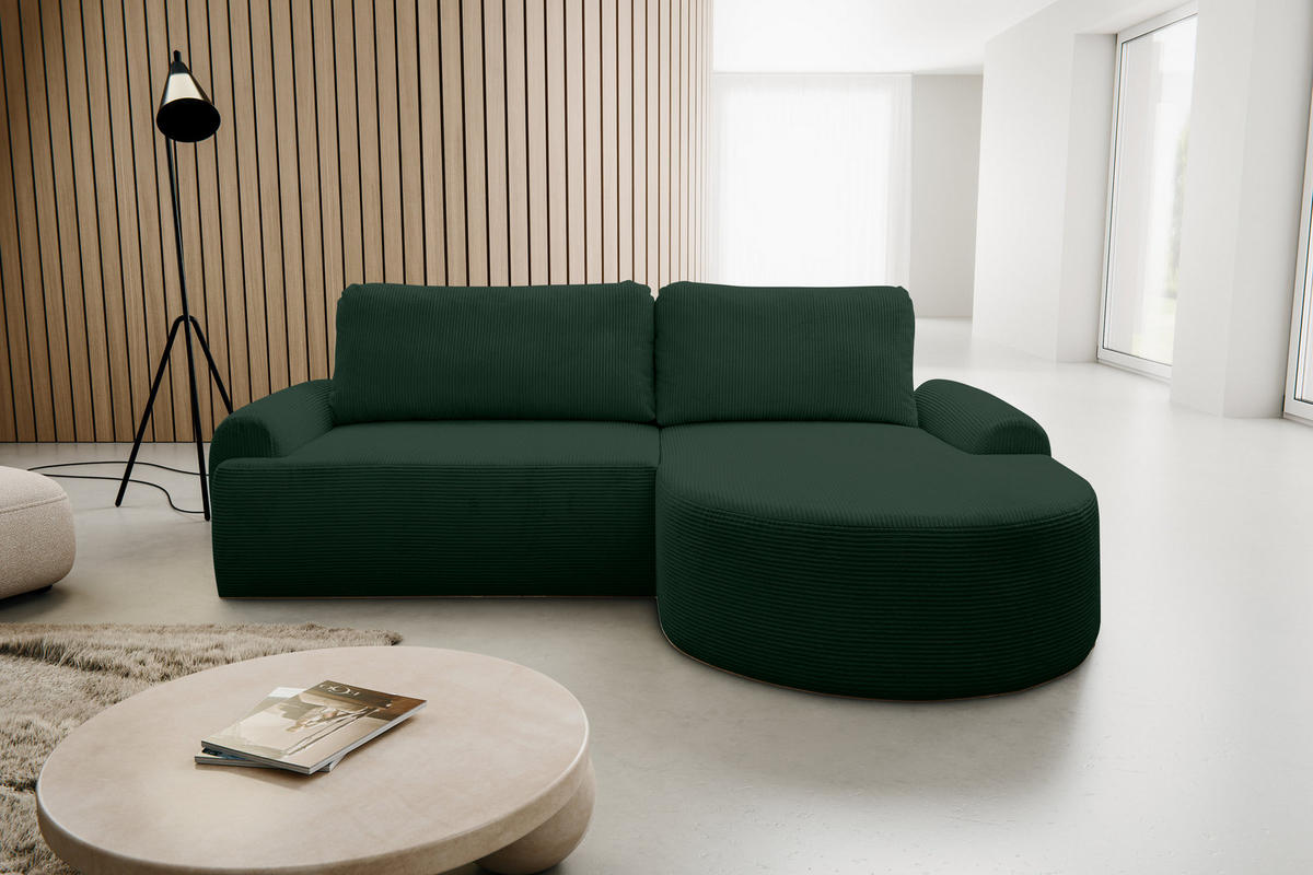 ECKSOFA Dream Cord in L-Form mit Schlaffunktion und Bettkasten, Farbe: Grün, Cordstoff, Ottomane Rechts - Grün, Textil (260/136cm) - VENASI MÖBEL