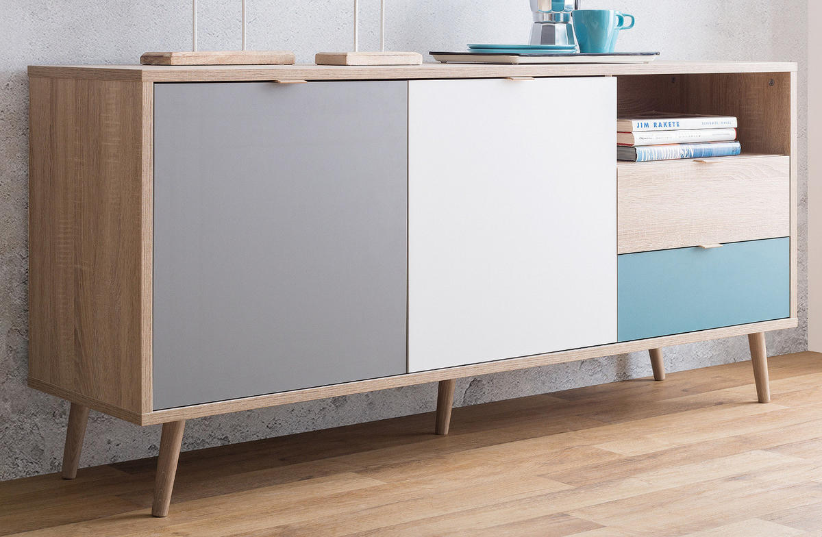 SIDEBOARD Eiche Sonoma, Petrol, weiß, grau 150 cm, Kommode Tricolor skandinavisch - Eichefarben/Petrol, Holz/Holzwerkstoff (150/71/40cm) - Furn.Design