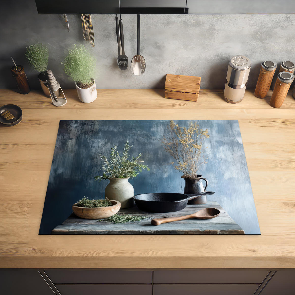 HERDABDECKPLATTE Stilleben - Kräuter - Rustikal Induktionsmatte 71x52 cm - Blaugrau, Kunststoff (71/52/0.2cm) - MuchoWow