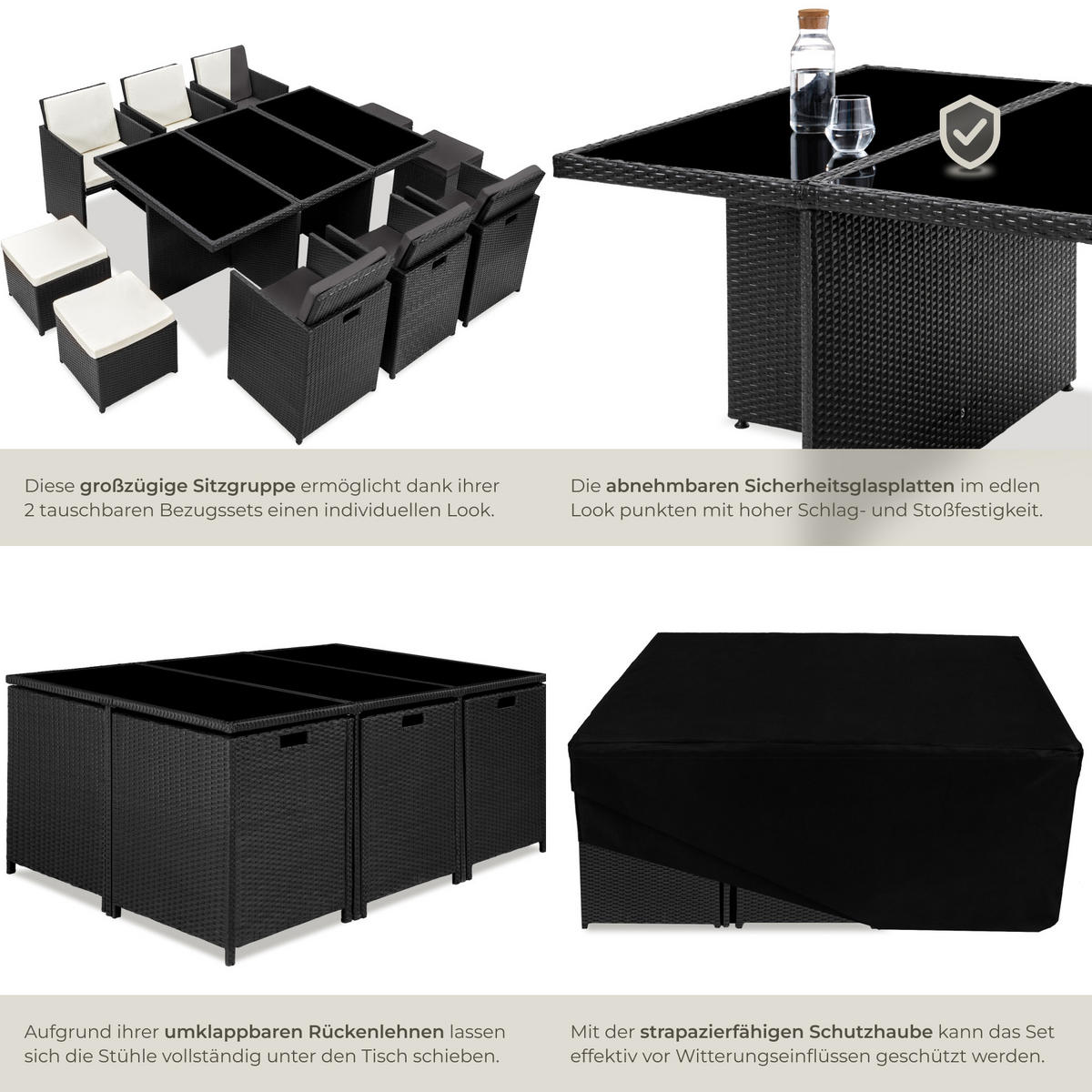 RATTAN SITZGRUPPE New York,2 Bezugssets, zusammenschiebbar, inklusive Schutzhülle,schwarz - Schwarz, Kunststoff - tectake