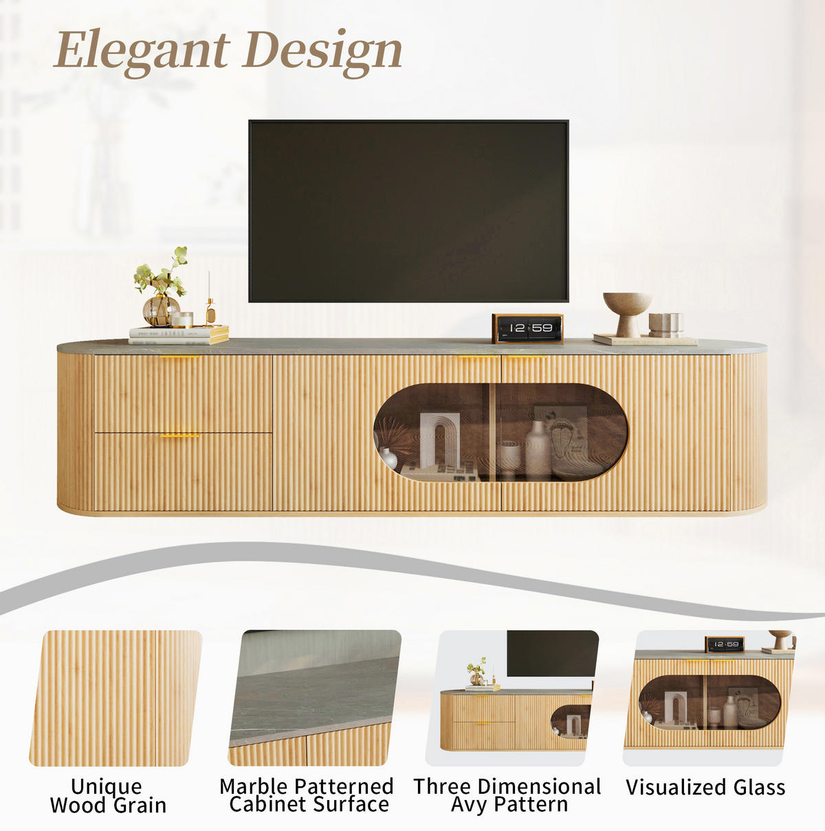LOWBOARD 172/38/45.5 cm Natur aus MDF und Glas mit ovaler Vitrine - Hellbraun, Holzwerkstoff (38/45.5/172cm) - OKMYHOME