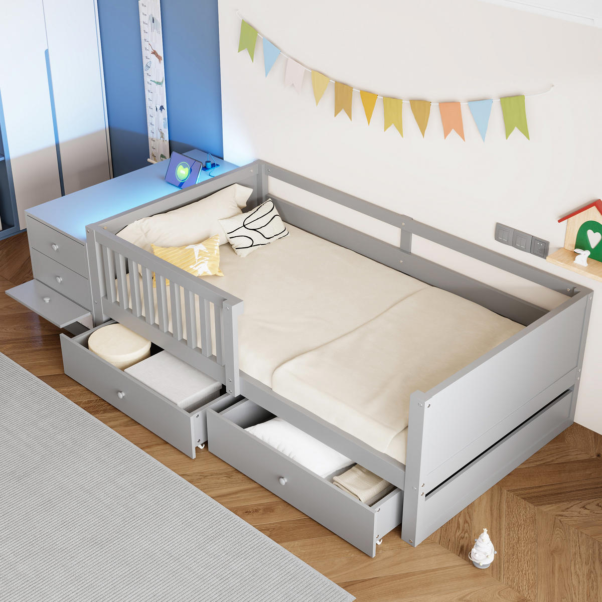KINDERBETT 90/200 cm in Grau mit Stauraum, Schubladen, Regalen, LED, Steckdose und Sicherheitsgitter - Grau, Holzwerkstoff (90/200cm) - STILVORA