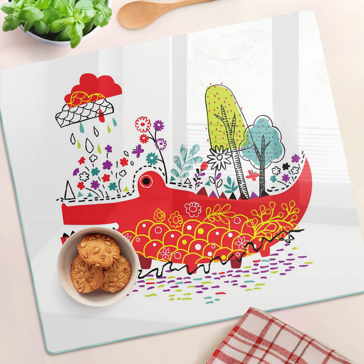 GLASPLATTE 60x52 cm Buntes Krokodil - Rot, Glas (60/0.4/52cm) - TULUP
