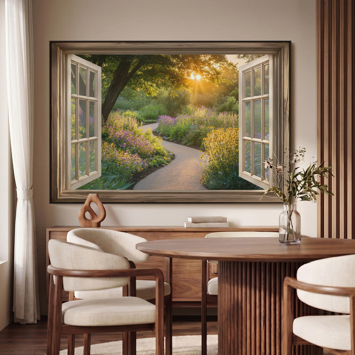 LEINWAND Bilder mit Rahmen - Aussicht - Blumen - Natur - Sonne - Weg - 120x80 - Hellgelb, Textil (120/80cm) - MuchoWow