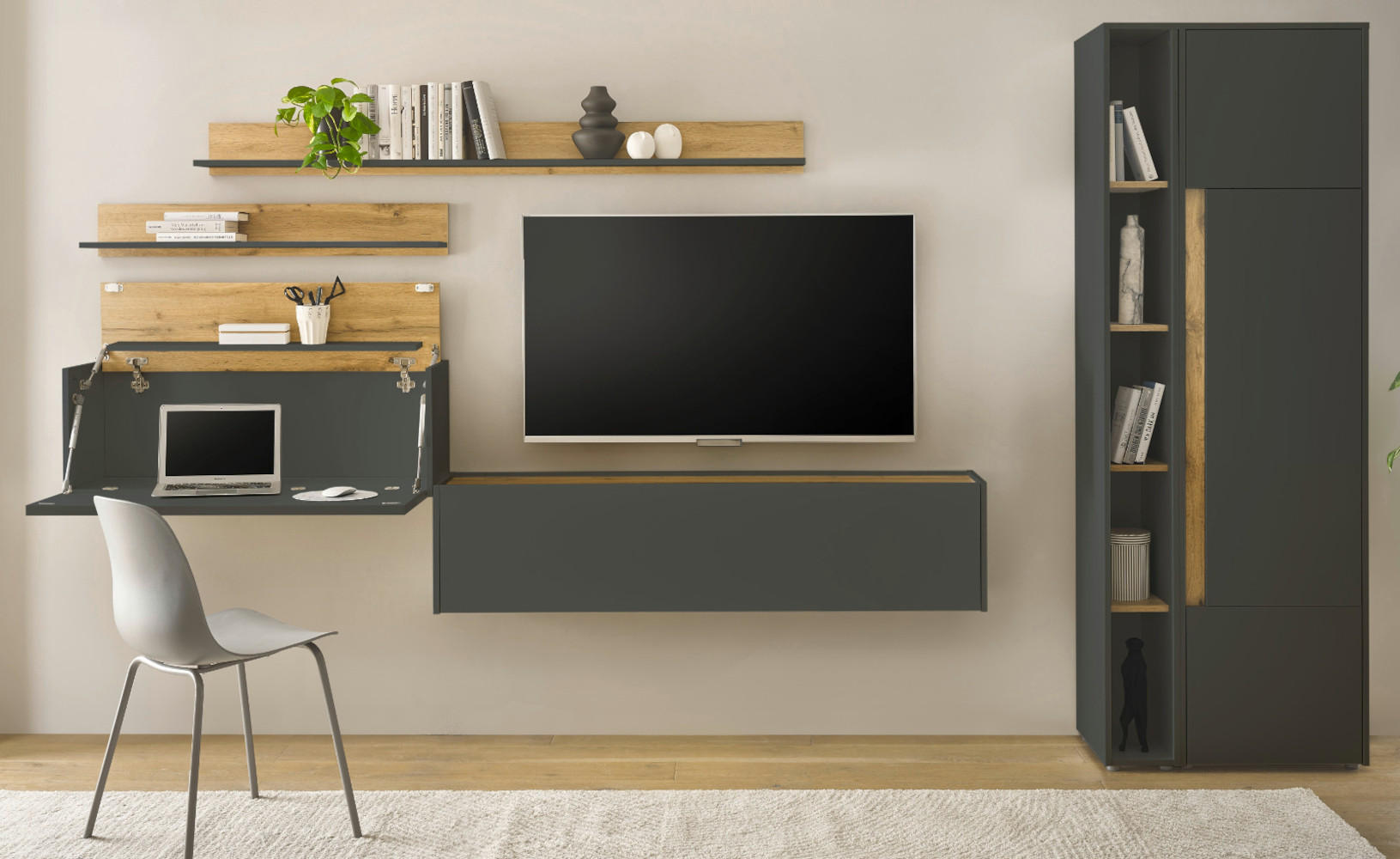 WOHNWAND mit Sekretär grau matt, Eiche Wotan 340 cm, Wohnkombination 6-teilig - Eiche Wotan/Grau, Holzwerkstoff/Metall (340/200/40cm) - Furn.Design