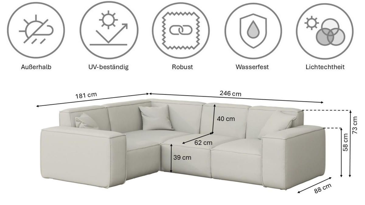 GARTENECKSOFA L-form MALIBU Stoff Odyssey Creme Links - Creme, Holz (181/73/246cm) - Kaiser Möbel