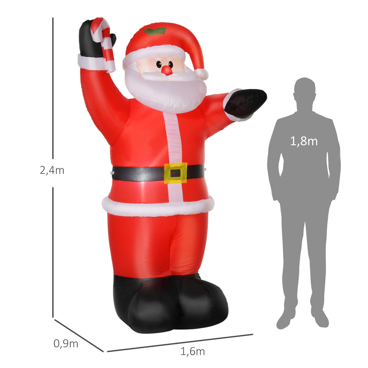 WEIHNACHTSDEKO aufblasbar , 2,4 m Weihnachtsmann mit LED-Beleuchtung Zuckerstange - Rot, Textil (90/240/160cm) - HOMCOM