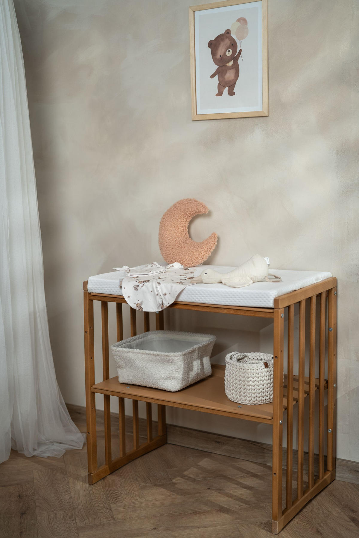 PĂTUȚ bebe Vintage oval 7in1 cu saltea - maro, material textil/lemn (73/125cm) - waldin