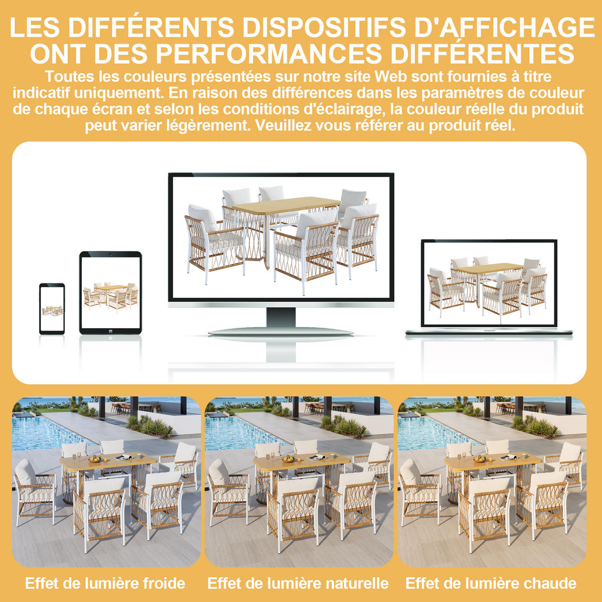 GARTENESSGRUPPE Beige/Braun/Natur 7-teilig für 6 Personen mit Eisengestell und Sitzkissen - Beige, Metall - PANGIVO