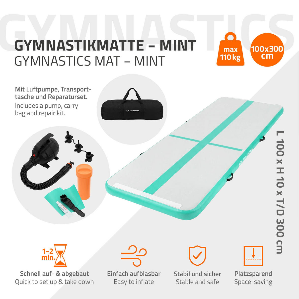 NAFUKOVACÍ gymnastická podložka Airtrack 300x100x10 cm mintově zelená - zelená barva, plast (100/300cm) - ECD-Germany