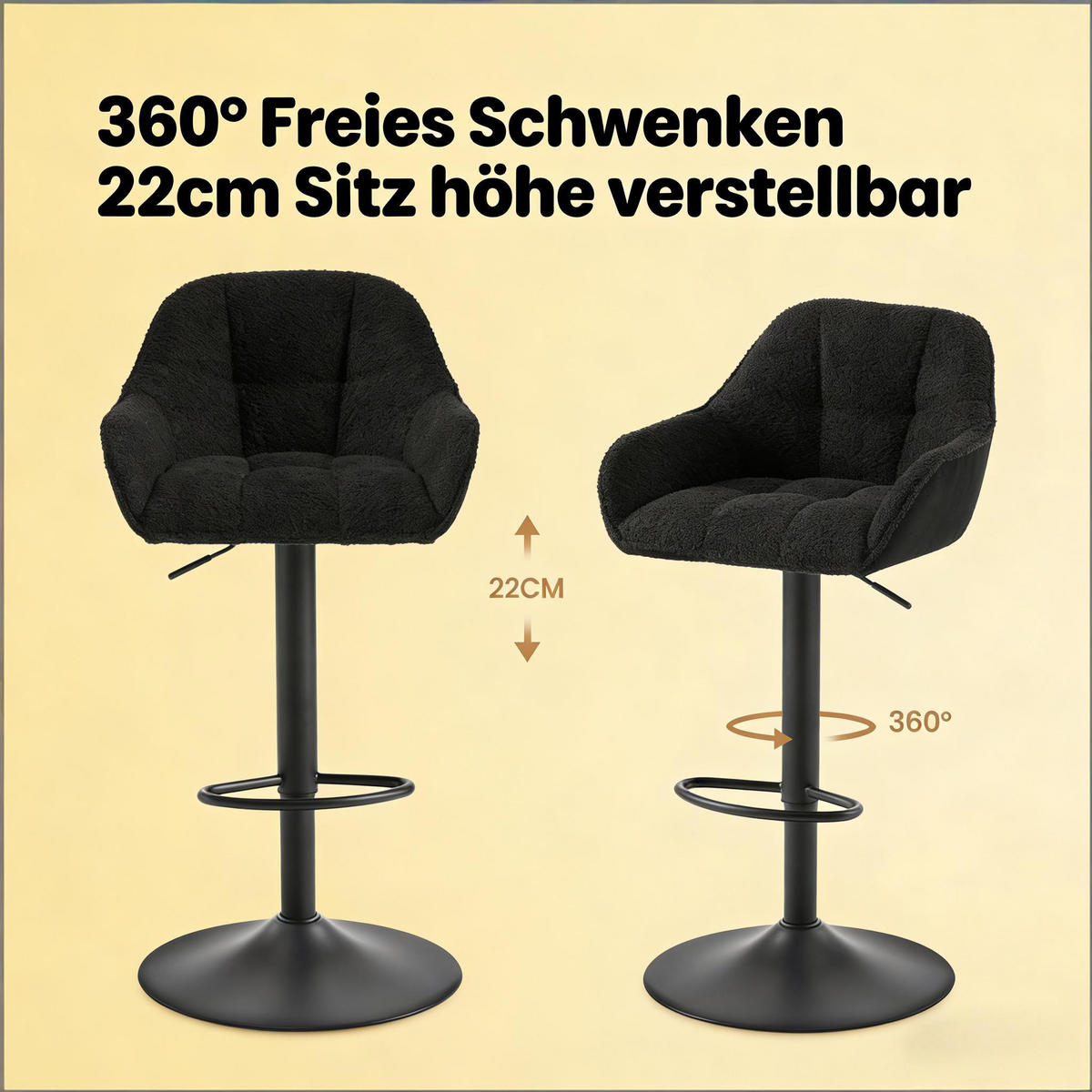 BARHOCKER 2er-Set Schwarz Höhenverstellbar & Drehbar mit Chenille - Schwarz, Metall (50/109/52cm) - PANGIVO