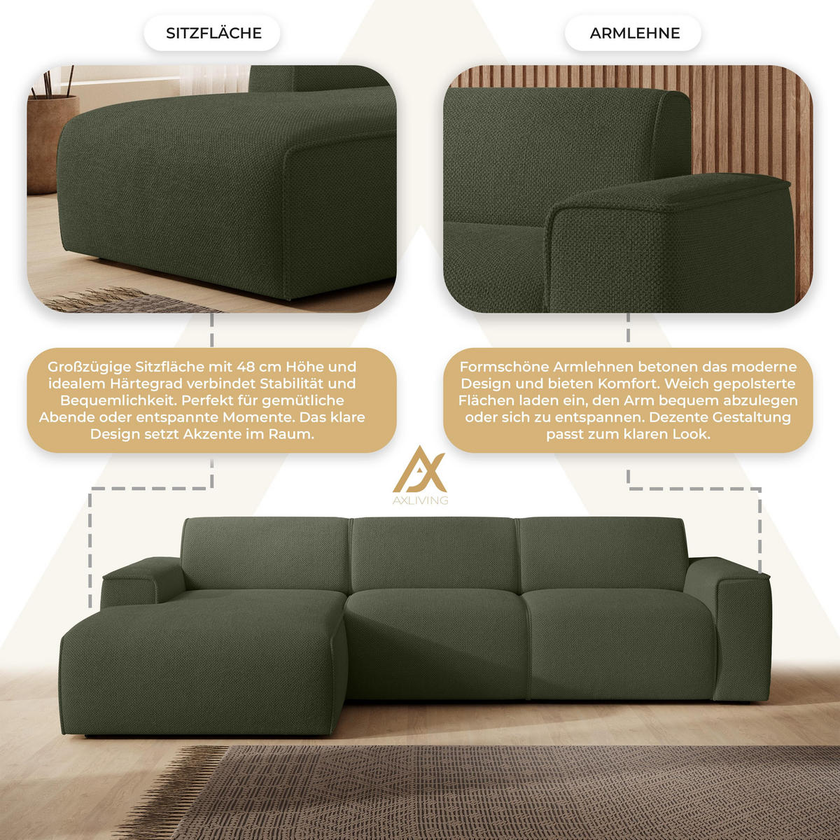 ECKSOFA L Form Didim mini Grün 310/165/78 cm – stilvolle kleine Eckcouch L - Schwarz/Grün, Kunststoff/Textil (165/310cm) - AX Living