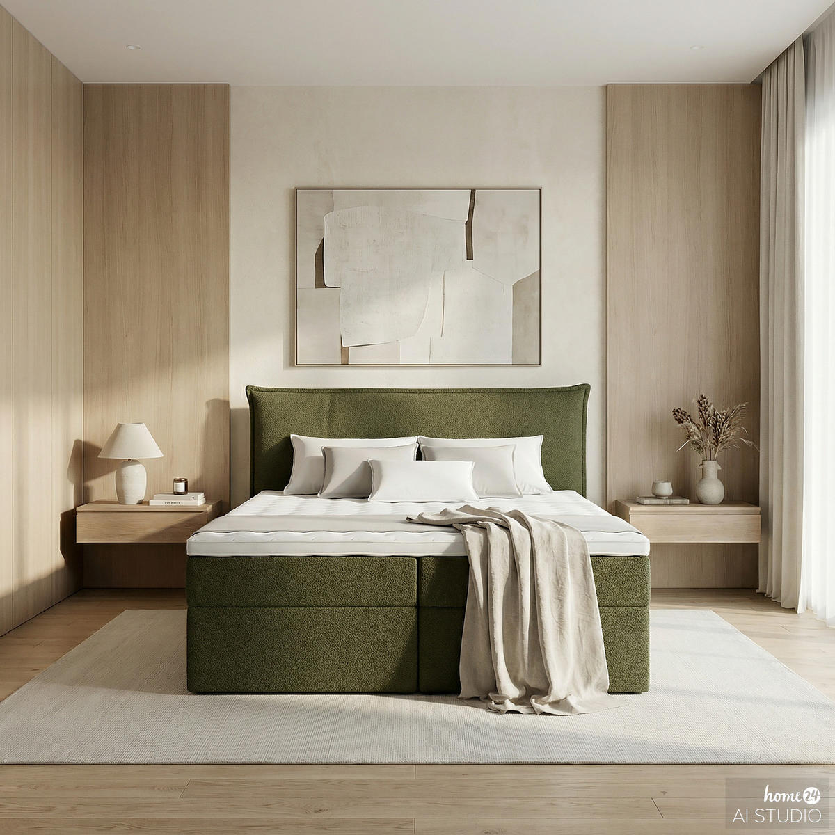 BOXBETT mit Stauraum - Bouclé - Olivgrün, Holzwerkstoff/Textil (180/200cm) - home24