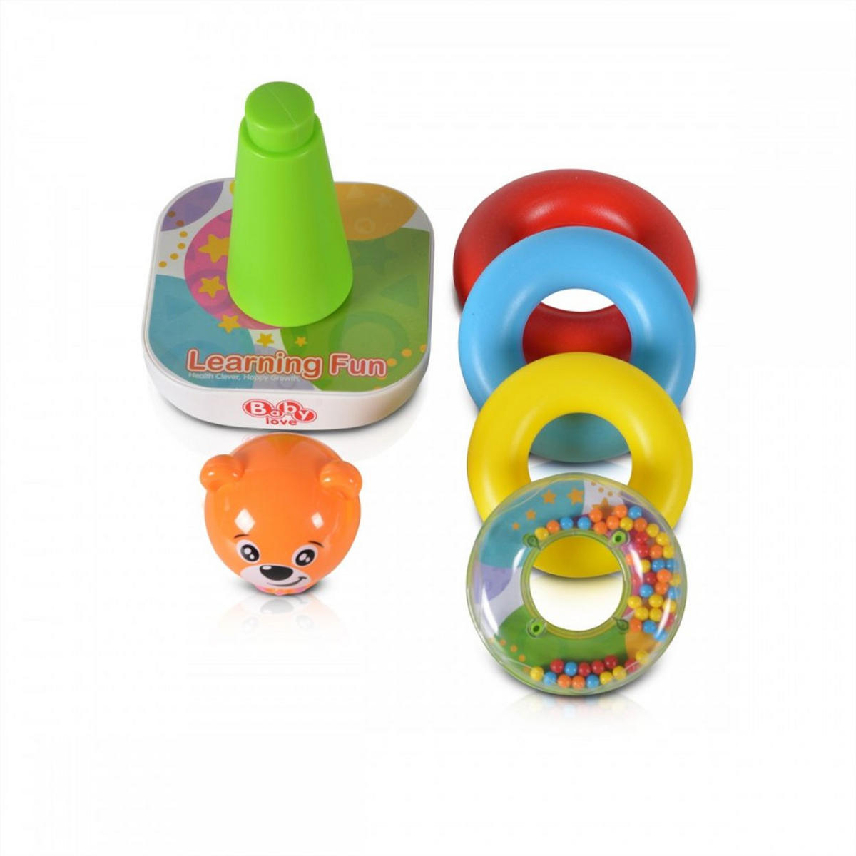 BABYSPIELZEUG Stapelturm Bär 35785 4 Ringe, Bärenkopf, bewegliche Basis, Rassel, ab 6 Monaten, Kunststoff - Multicolor, Kunststoff (12/21/13cm) - Moni