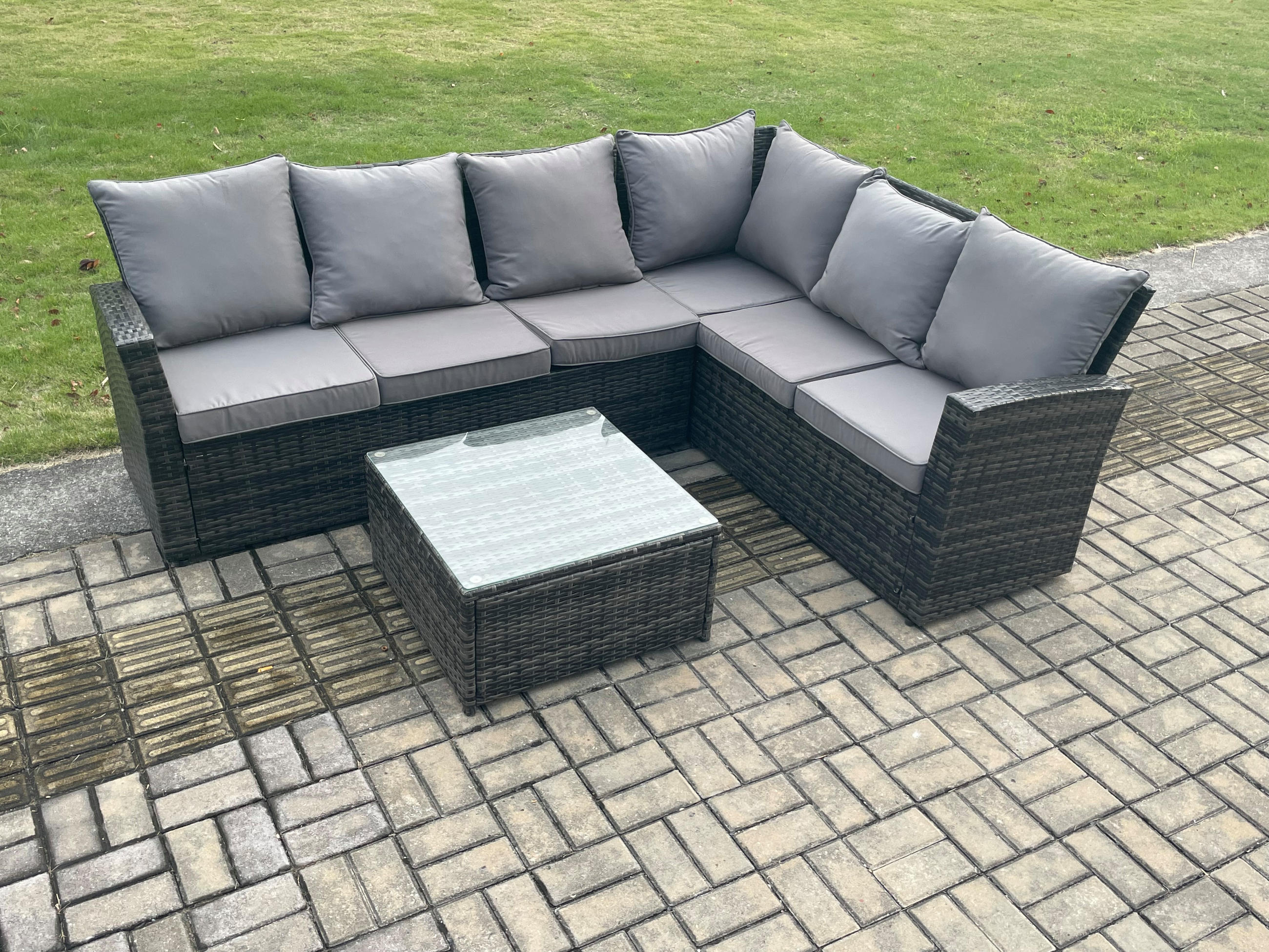 GARTENSOFA SET Hohe Rückenlehne Polyrattan Dunkelgrauer Mix 7-Sitzer - Dunkelgrau/Grau, Glas/Kunststoff - Fimous