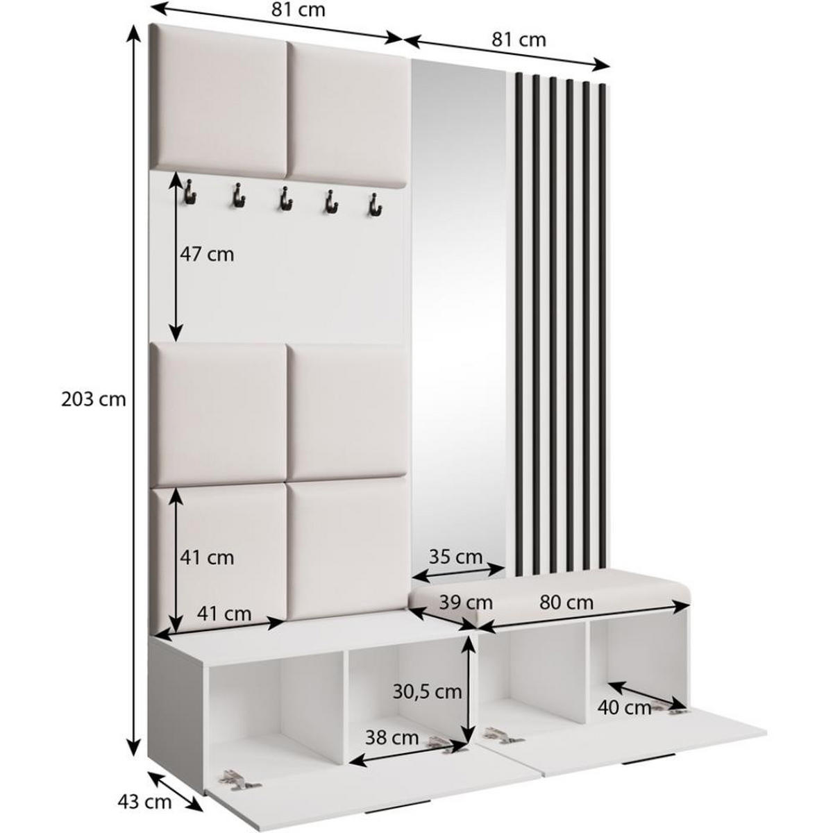 GARDEROBE Margaret I+II 162/203/43 mit gepolsterten Paneelen/Lamellen/Spiegel - Kaschmir/Schwarz, Holzwerkstoff/Kunststoff (162/203/43cm) - Beautysofa