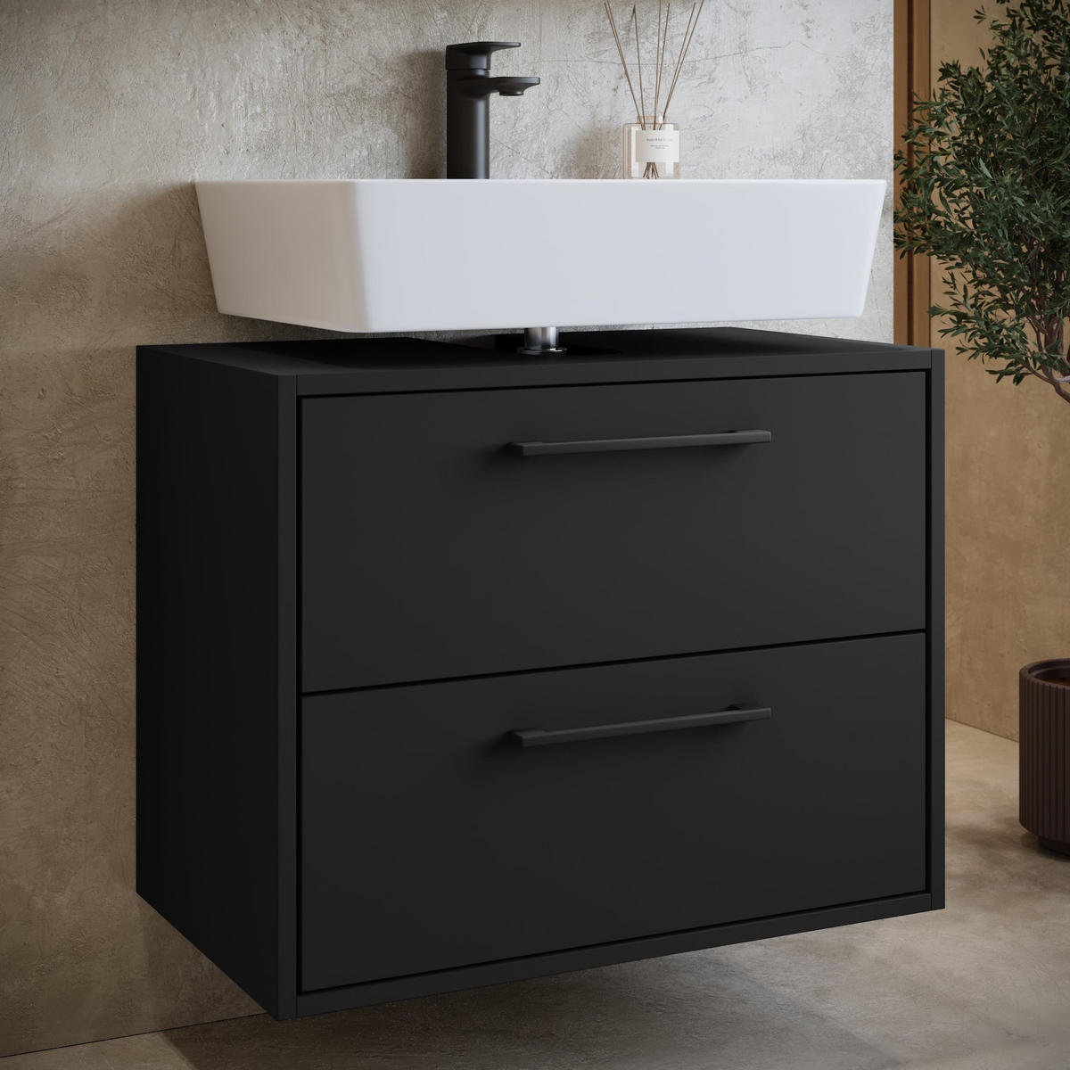 WASCHBECKENUNTERSCHRANK Florence 2 Schubladen Schwarz Mat - 60 x 35 x 47 cm - Schwarz, Holz (60/50/35cm) - Badplaats