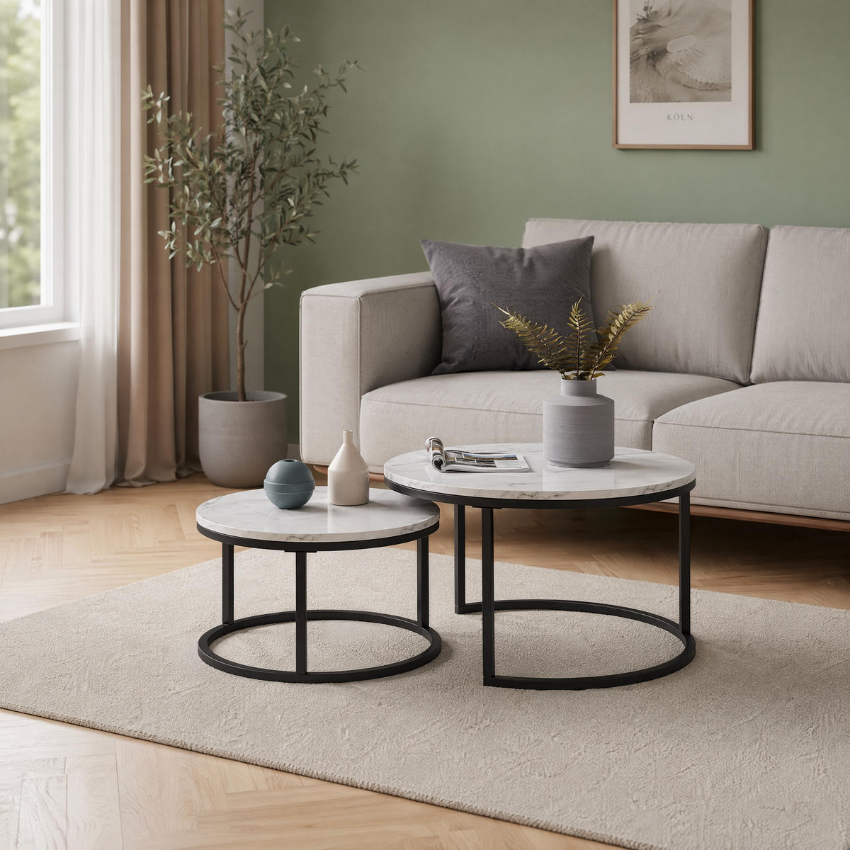 COUCHTISCH 2-TEILIG Rund Weiß Schwarz Metall Tischset Wohnzimmer - Multicolor, Holz (80/60/45cm) - SHOPENTRA