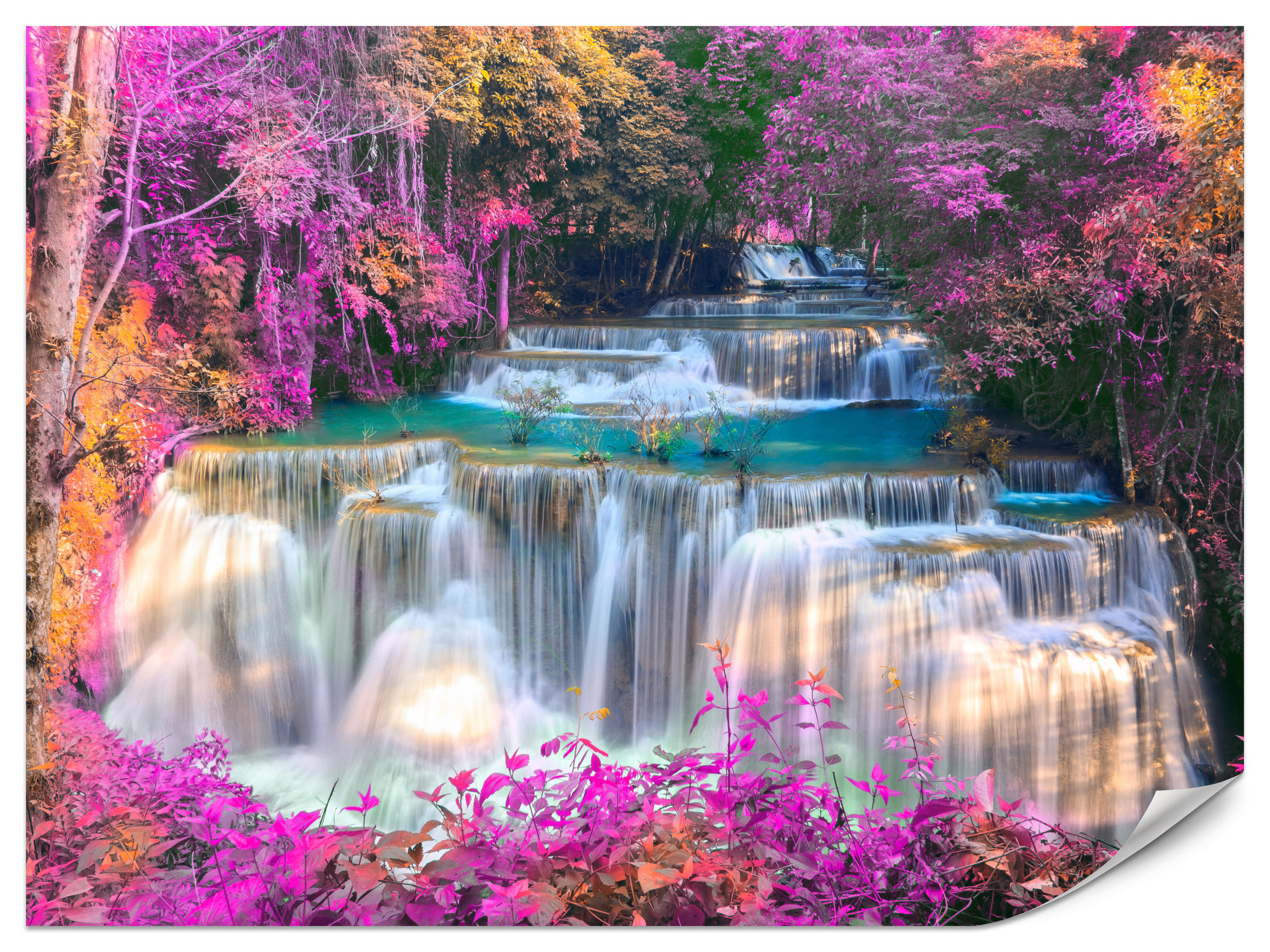 FOTOTAPETE für Schlafzimmer Wasserfall Pinker Wald Fantasie 500x350 - Türkis/Beige, Papier (500/350cm) - Muralo