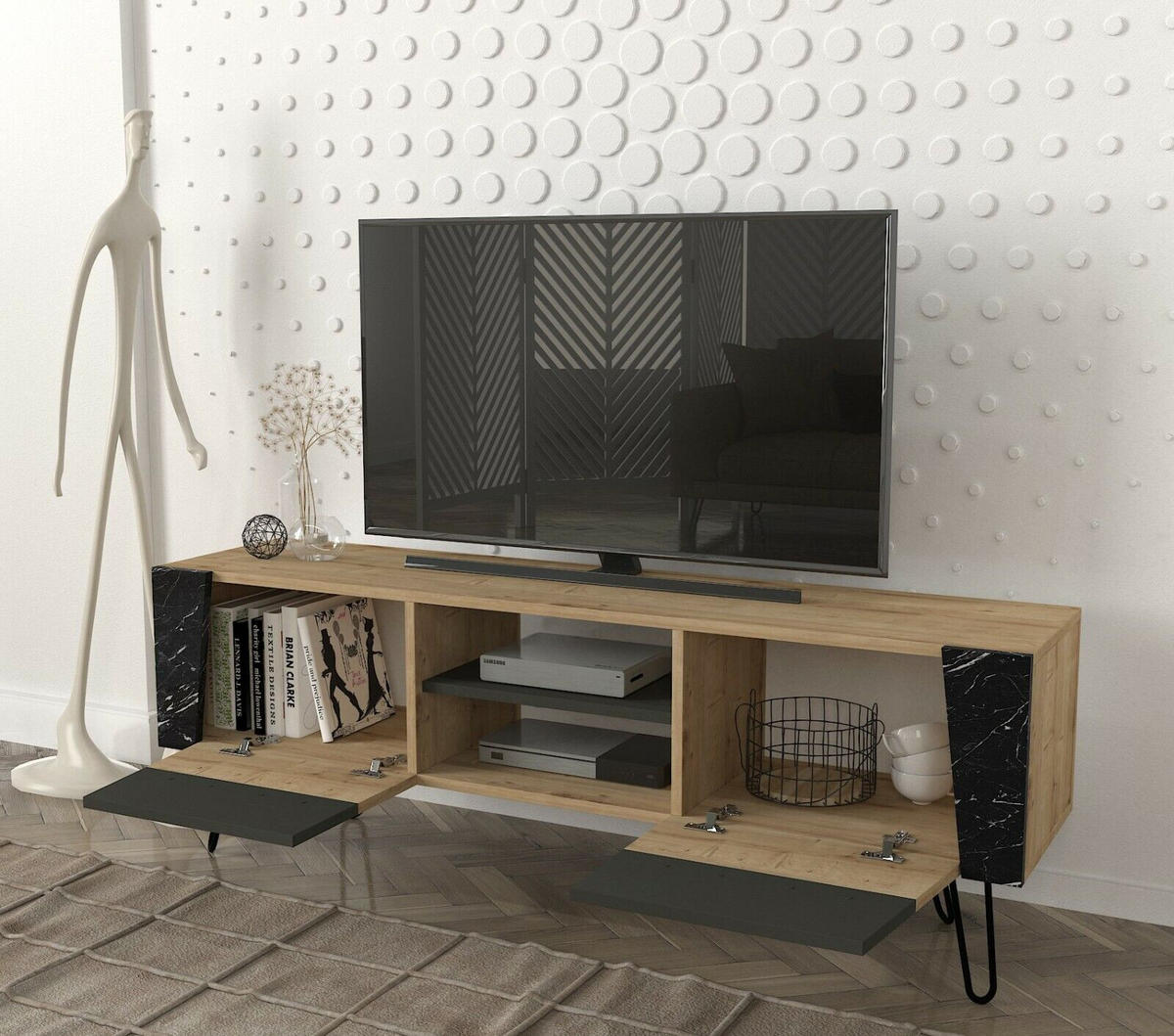 TV-LOWBOARD Fanten mit Metallfüße Safir Marmor Anthrazit - Beige/Anthrazit, Holzwerkstoff/Metall (150/52/36.8cm) - moebel17