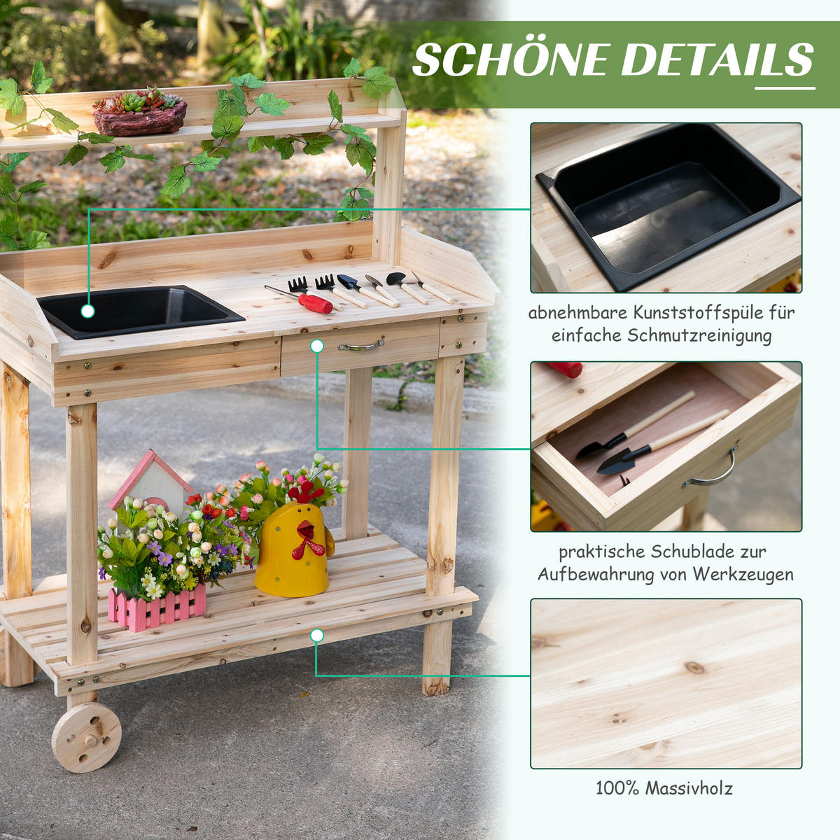 PFLANZTISCH mit Schublade, Gärtnertisch mit Waschbecken und Rollen, Tannenholz, Natur - Fichtefarben, Holz (92/45/119cm) - Outsunny