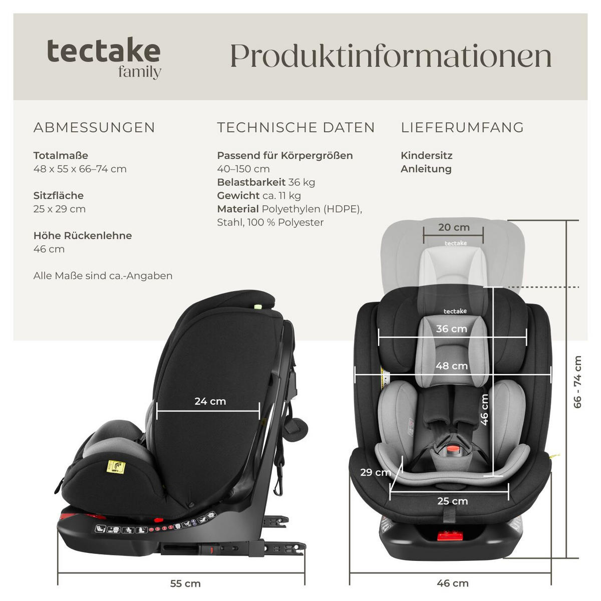 AUTOSITZ Drehbar Linus,ab Geburt bis 150 cm, Belastbarkeit 36 kg,hellgrau/schwarz - Hellgrau/Schwarz, Kunststoff (48/74/55cm) - tectake
