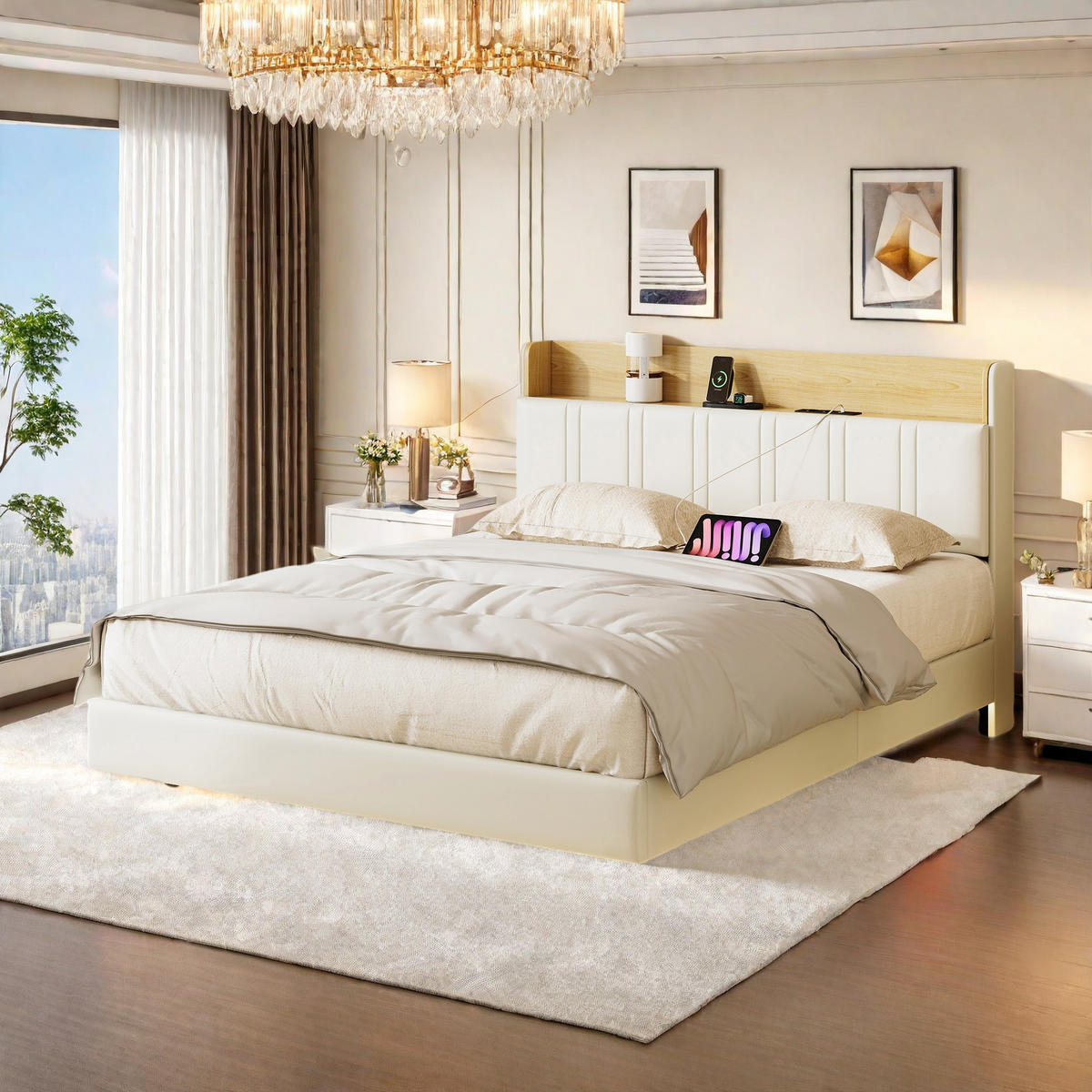 ČALÚNENÁ posteľ 160x200 cm biela PU LED USB plávajúce lôžko - biela, kov - SHOPENTRA
