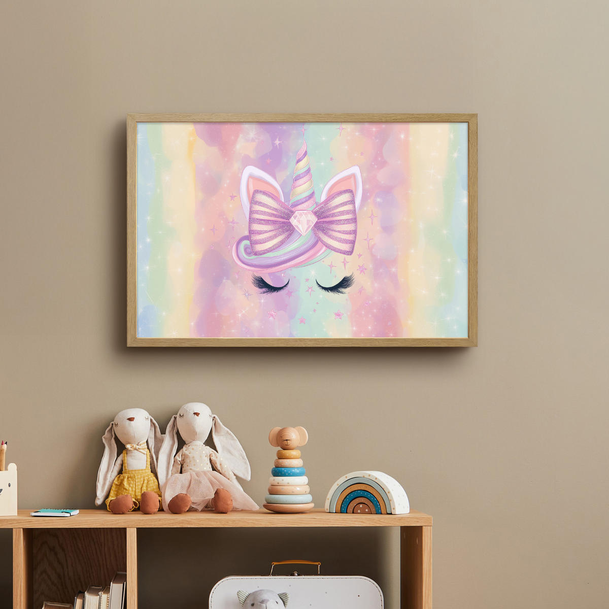 DOBÍJECÍ NOČNÍ LAMPIČKA Jednorožec - Třpytky - Duha - Pastelové barvy 60x40 cm - světle růžová, kompozitní dřevo (8/60/40cm) - OnlyWow