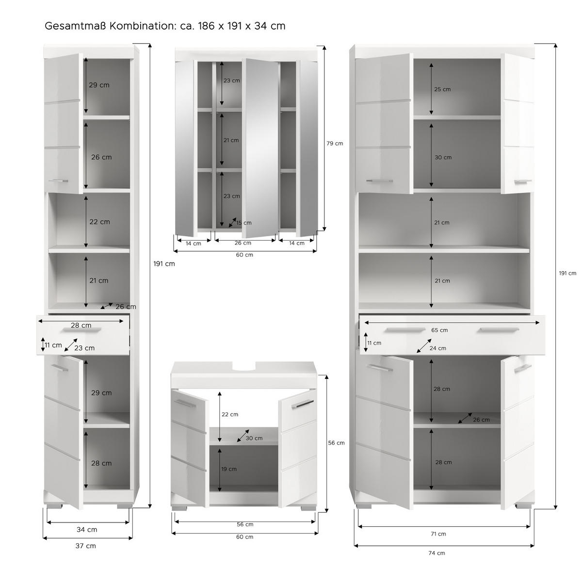 BADMÖBEL-SET weiß Hochglanz 4-teilig 200 cm, Komplettset mit viel Stauraum - Weiß Hochglanz, Glas/Holzwerkstoff (200/191/34cm) - Inn.Furn