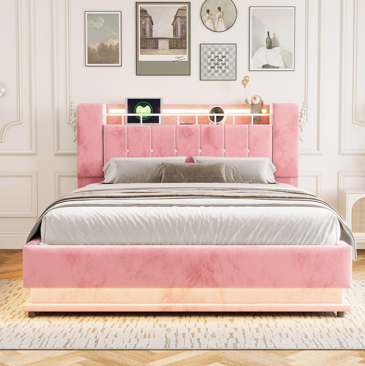 POLSTERBETT aus MDF, Metall und Samt 160x200 cm Rosa mit LED, USB-Anschlüssen und hydraulischem Bettkasten - Pink, Textil (160/200cm) - Modfu