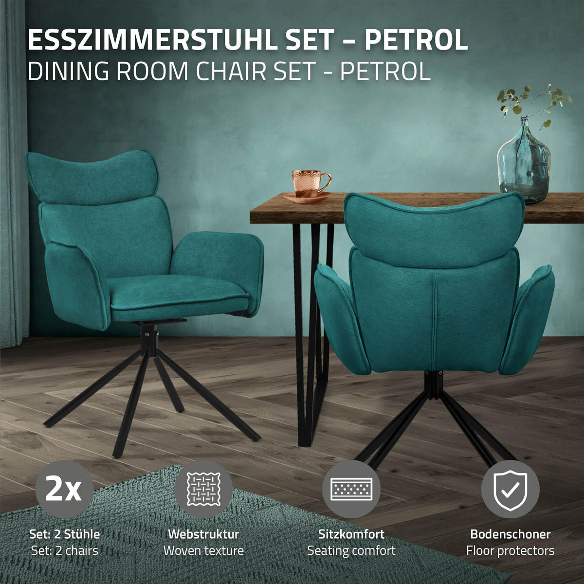 JÍDELNÍ ŽIDLE, sada 2 ks, otočné, petrolová barva, s látkovým potahem - černá/petrolejová, kov/textil (63/89/68cm) - ML-DESIGN