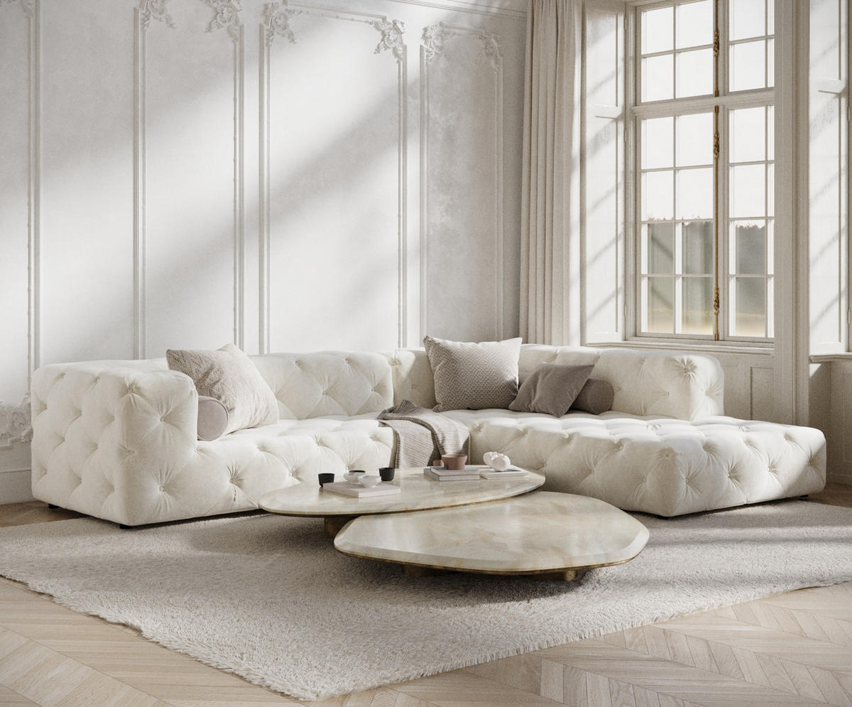 ECKSOFA Cosimo Creme Samtstoff - Creme/Schwarz, Holz/Holzwerkstoff (325/228cm) - Maison de Reve